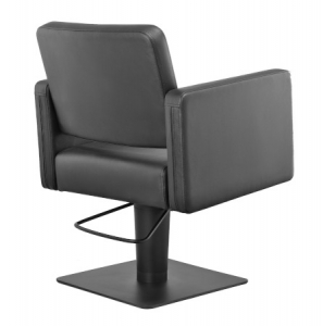 Schwarzer Friseurstuhl aus Leder mit verstellbarem Fuß und modernem Design, Rückansicht.