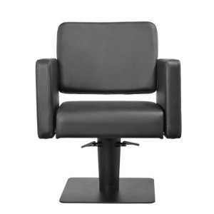 Moderner, schwarzer Friseurstuhl mit Armlehnen und verstellbarem Sockel, ideale Wahl für Salons.