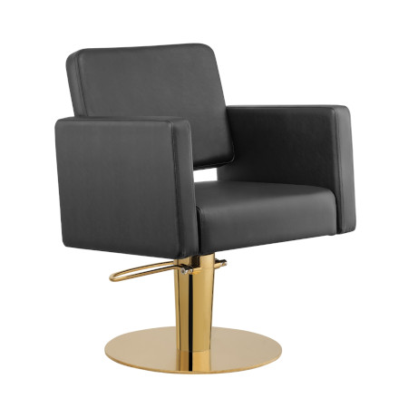 Moderner schwarzer Friseurstuhl mit goldenem Sockel, ideal für stilvolle Salons und komfortable Kundenbetreuung.