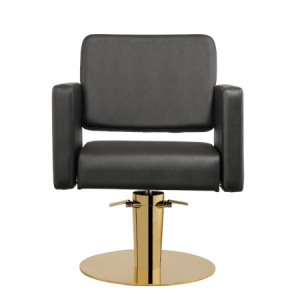 Schwarzer Friseurstuhl mit goldener Basis, ideal für moderne Salons und stilvolle Einrichtungen.