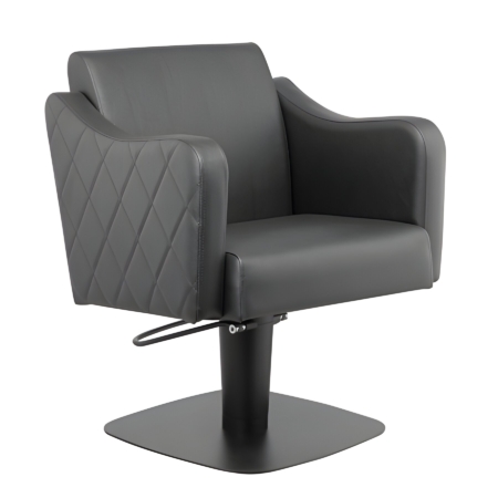 Moderner Friseurstuhl mit schwarzem Lederbezug und diamantförmigem Muster, ideal für Salons und stilvolle Einrichtungen.