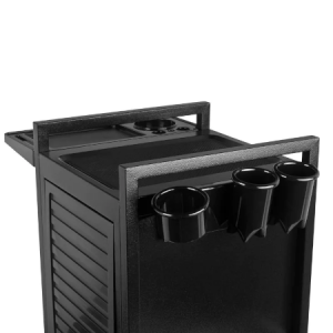Schwarzer Friseursalon-Trolley mit Rollen, Ablageflächen und Halterungen für Werkzeuge, ideal für Friseurzubehör.