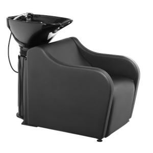 Schwarzes Friseur-Waschbecken mit integriertem Sessel, ideal für Salons, modernes Design, bequem und funktional.