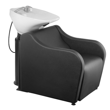 Schwarzer Friseurstuhl mit integriertem Waschbecken, modernes Design für komfortables Haarwaschen im Salon.