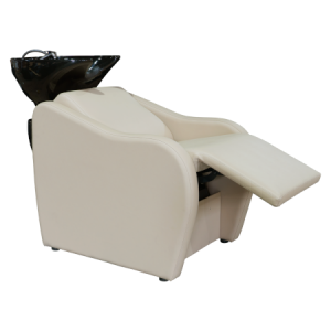 Bequemer weißer Friseurstuhl mit schwarzem Waschbecken, ideal für Salons, die luxuriösen Komfort bieten.