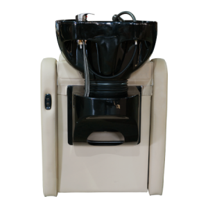 Schwarzes Friseurwaschbecken mit beige Polsterung für komfortables Haarwaschen im Salon.