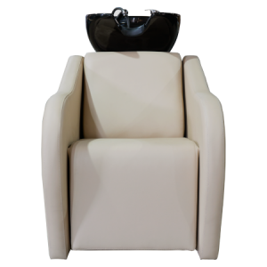 Beiger Friseurstuhl mit integriertem Waschbecken, ideal für stylische und komfortable Haarpflege im Salon.