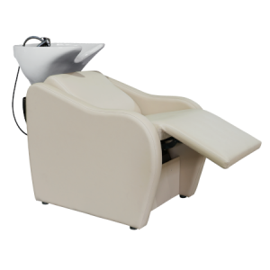 Frisör-Waschbeckenstuhl mit weißem Keramikbecken und beigem Polstersitz, ideal für komfortables Haarewaschen im Salon.