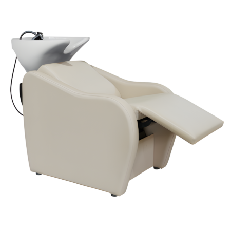 Frisör-Waschbeckenstuhl mit weißem Keramikbecken und beigem Polstersitz, ideal für komfortables Haarewaschen im Salon.