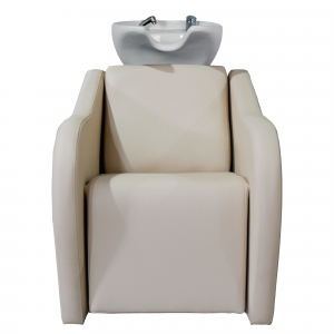Beiger Friseurstuhl mit integriertem Waschbecken, ideal für modernen Salonkomfort und Stil.