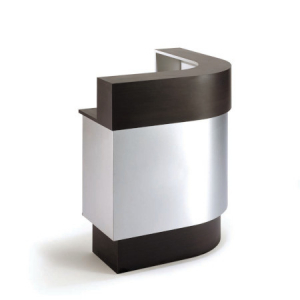 Moderner Empfangstresen aus Metall und Holz in L-Form, ideal für Büros, Salons und Empfangsbereiche.