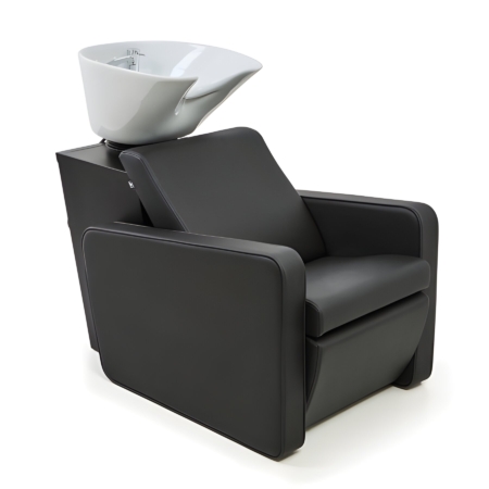 Schwarzer Friseurstuhl mit integriertem Waschbecken, ideal für komfortable Haarwäsche im Friseursalon.