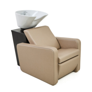 Friseurwaschbecken aus Kunsteder mit Waschbecken, beige, modern und komfortabel. Ideal für stilvolle Salons und Friseureinrichtungen.