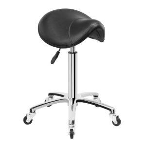 Schwarzer Sattelhocker mit verstellbarer Höhe und Rollen, ergonomisches Design für Büros oder Salons.