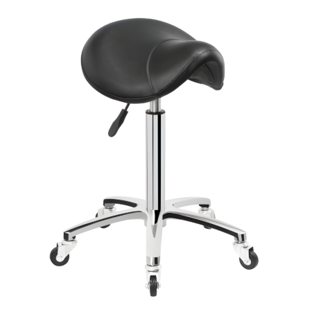 Schwarzer Sattelhocker mit verstellbarer Höhe und Rollen, ergonomisches Design für Büros oder Salons.