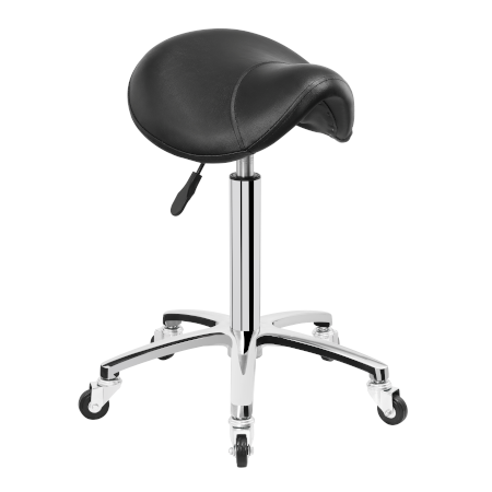 Schwarzer Sattelhocker mit verstellbarer Höhe und Rollen, ergonomisches Design für Büros oder Salons.