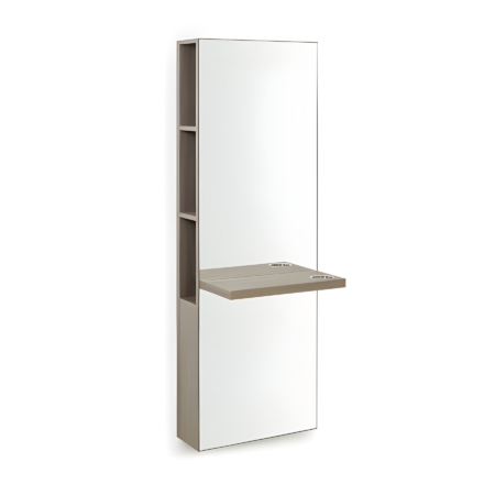 Moderner Wandspiegel mit integriertem Regal und klappbarer Ablage in Holzoptik, ideal für platzsparende Räume.
