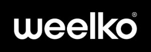 Weelko Logo in weißer Schrift auf schwarzem Hintergrund, stilvoll und modern, Markenname hervorgehoben.