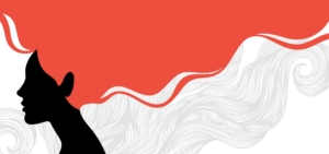 Silhouette einer Frau mit stilisierten roten und weißen Haaren vor einem grafischen Hintergrund.