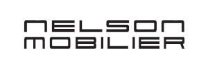 Schwarzes Nelson Mobilier-Logo auf weißem Hintergrund, modernes Design, Unternehmensidentität.
