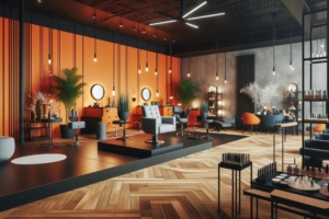 Moderner Friseursalon mit eleganter Einrichtung, orangefarbener Wand und stilvollen Möbeln unter warmem Licht.