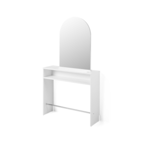 Friseurplatz Jovis, Friseurarbeitsplatz mit gewölbten Spiegel und integrierter Fußstütze