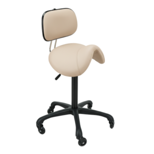 SC0 Sattelhocker für Friseure. Mit hoher Pumpe und schwarzem Kreuzfuß mit Rollen.