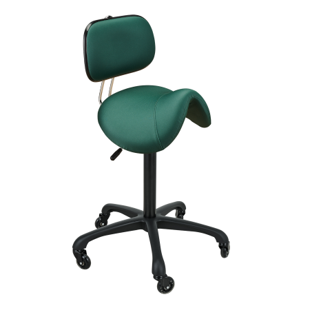 SC0 Sattelhocker für Friseure. Mit hoher Pumpe und schwarzem Kreuzfuß mit Rollen.